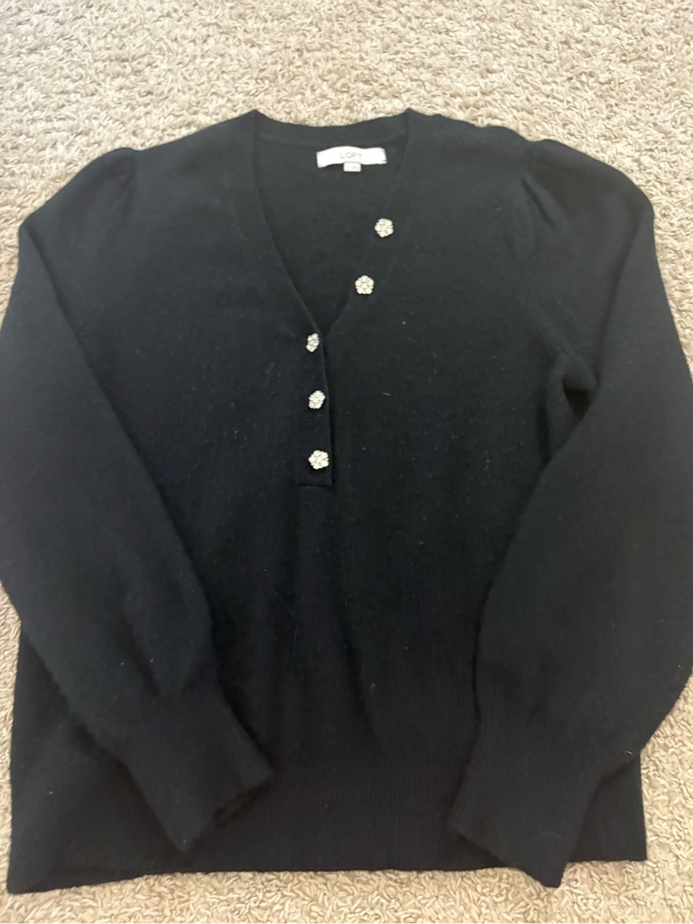 LOFT Black V-Neck Sweater with Sparkle Button Accents